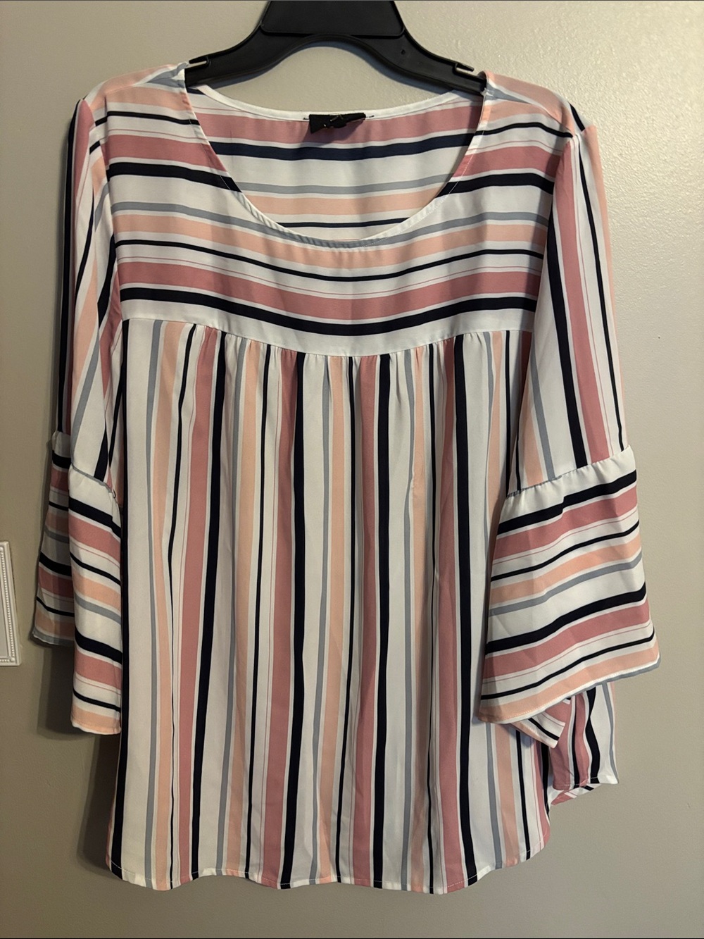 W5 Pink, Navy, Cream & White Striped Bell Sleeve Blouse